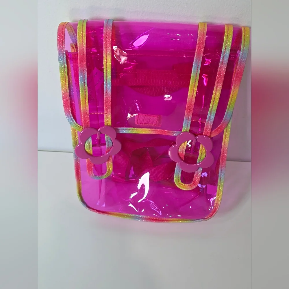 clear rainbow mini backpack Red Shiny Transparent Stripe Satchel Colorful Design Adorable Bookbag Fashion Large Capacity PVC School Bag Shiny colorful designs Rainbow Transparent Backpack: Clear PVC